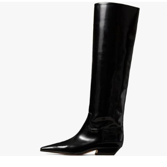 miss left Women Square Toe Knee High Boot Wide Calf Low Chunky Heels Black - Picture 1 of 7